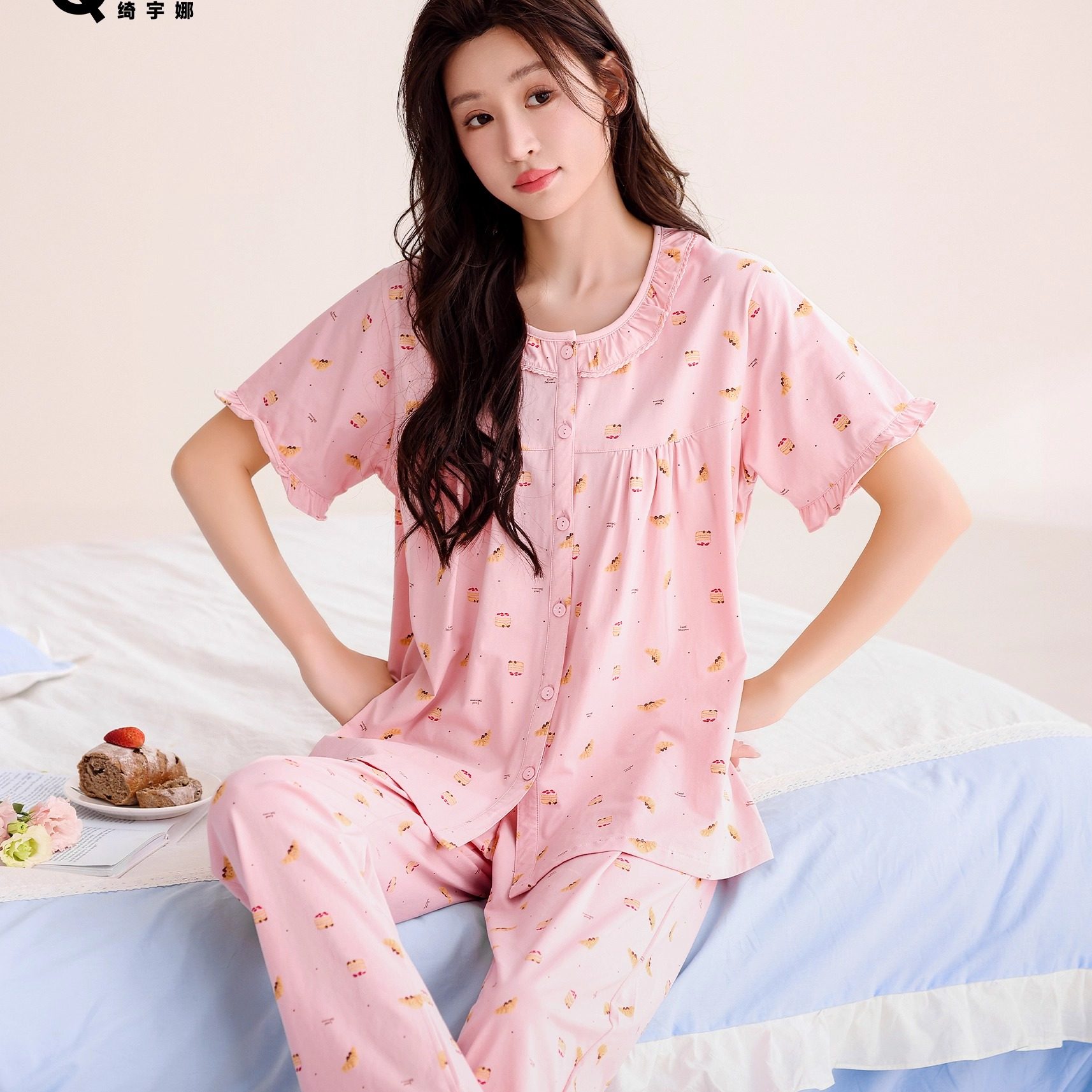 绮宇娜睡衣女士夏季短袖长裤棉氨开衫加肥加大码中老年家居服套装