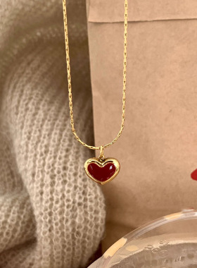 红色爱心吊坠项链复古洋气