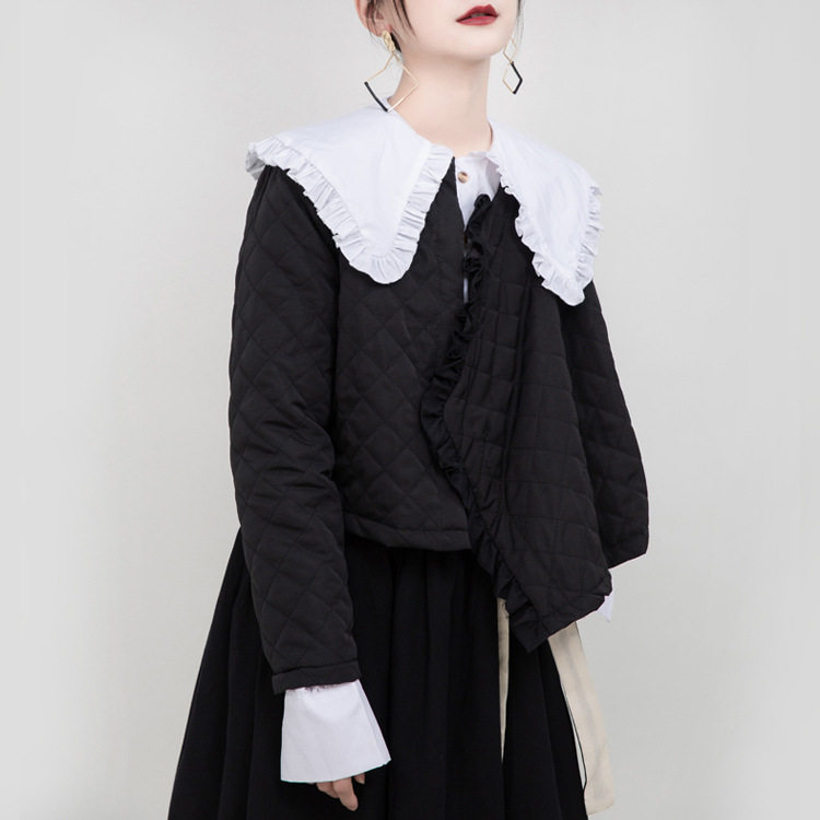 2021春季设计少女系实穿保暖短外套女宽松菱格棉服女 短上装1273