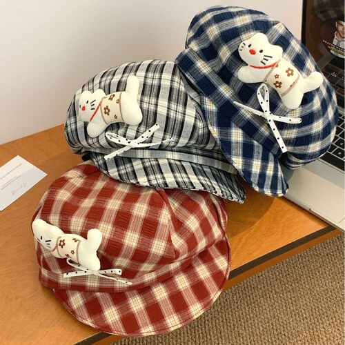 日系小猫格纹八角帽女春秋显脸小