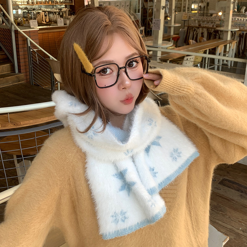 韩系氛围感毛绒雪花针织围巾