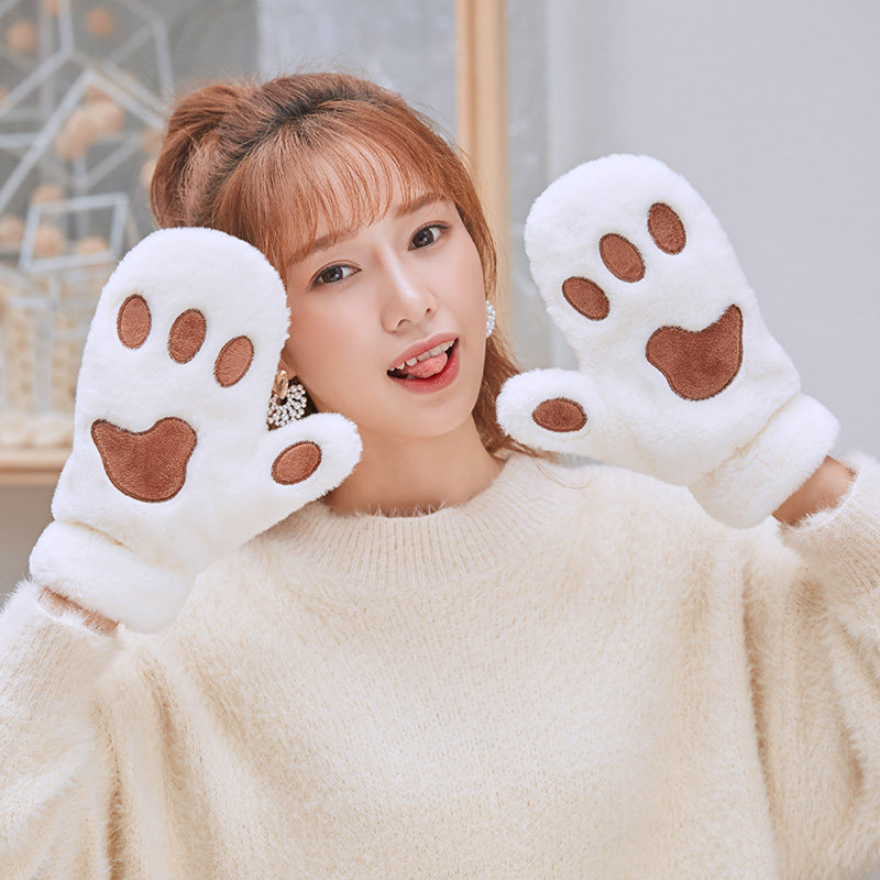 CUTE PLUSH PADDED MITTENS WINTER FEMALE FLEECE FULL FINGER PLUS PLUSH CAT CLAW BEAR PAW FURRY JAPANESE SOFT GIRL