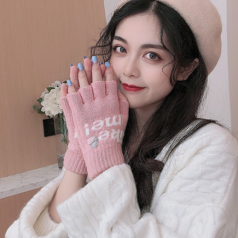 半指针织毛线棉手套秋冬季女士学生半截漏指露指防寒写字韩版可爱