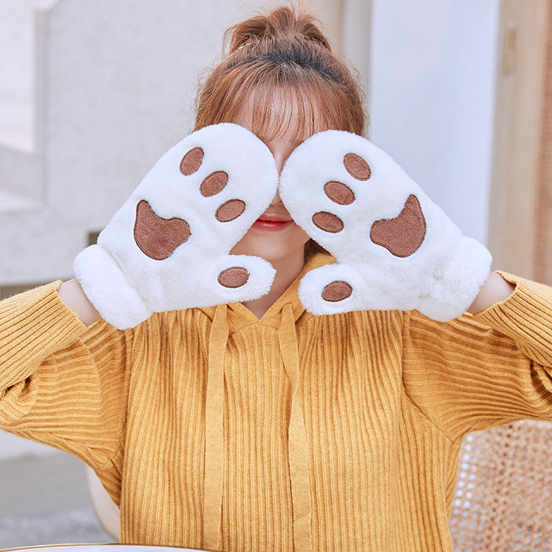 CUTE PLUSH PADDED MITTENS WINTER FEMALE FLEECE FULL FINGER PLUS PLUSH CAT CLAW BEAR PAW FURRY JAPANESE SOFT GIRL