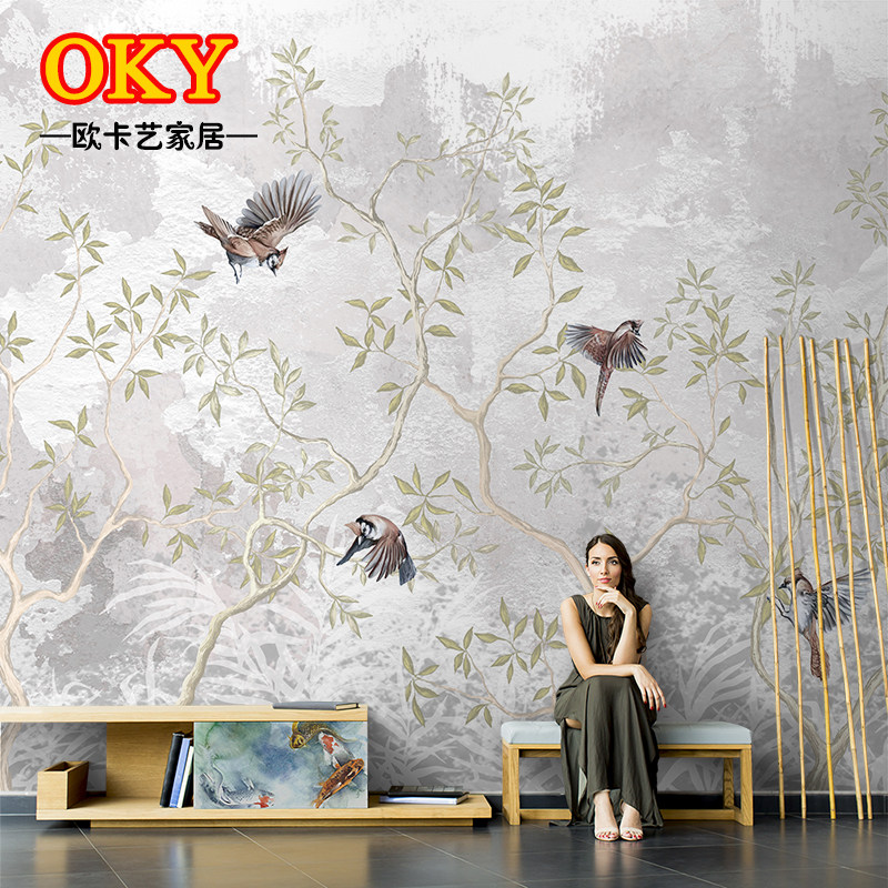 北欧手绘抽象花鸟纹理油画石纹艺术客厅电视背景墙壁纸无缝壁画