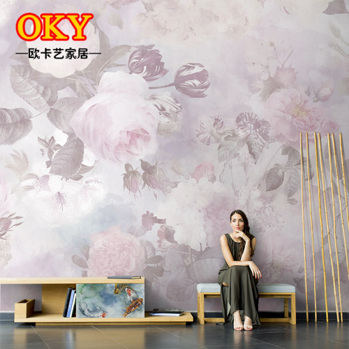 粉色花卉法式复古温馨花朵壁纸美式客厅壁画卧室床头背景墙纸壁布
