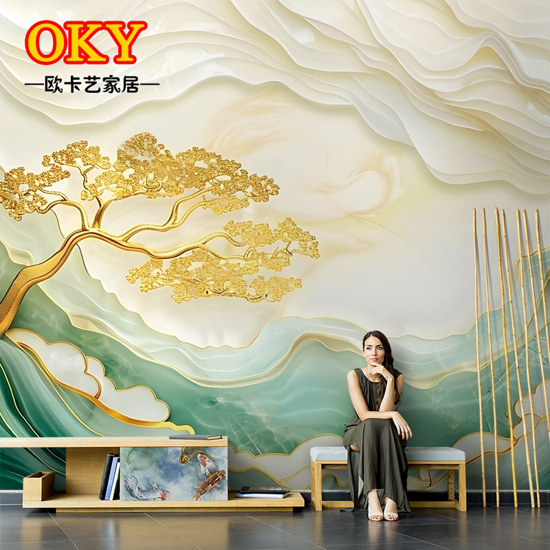 新中式玉雕山水大理石纹理壁画墙定制壁画