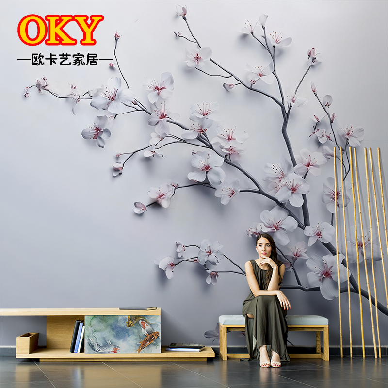 新中式手绘桃花墙布电视背景墙纸客厅卧室沙发壁纸立体无缝墙布
