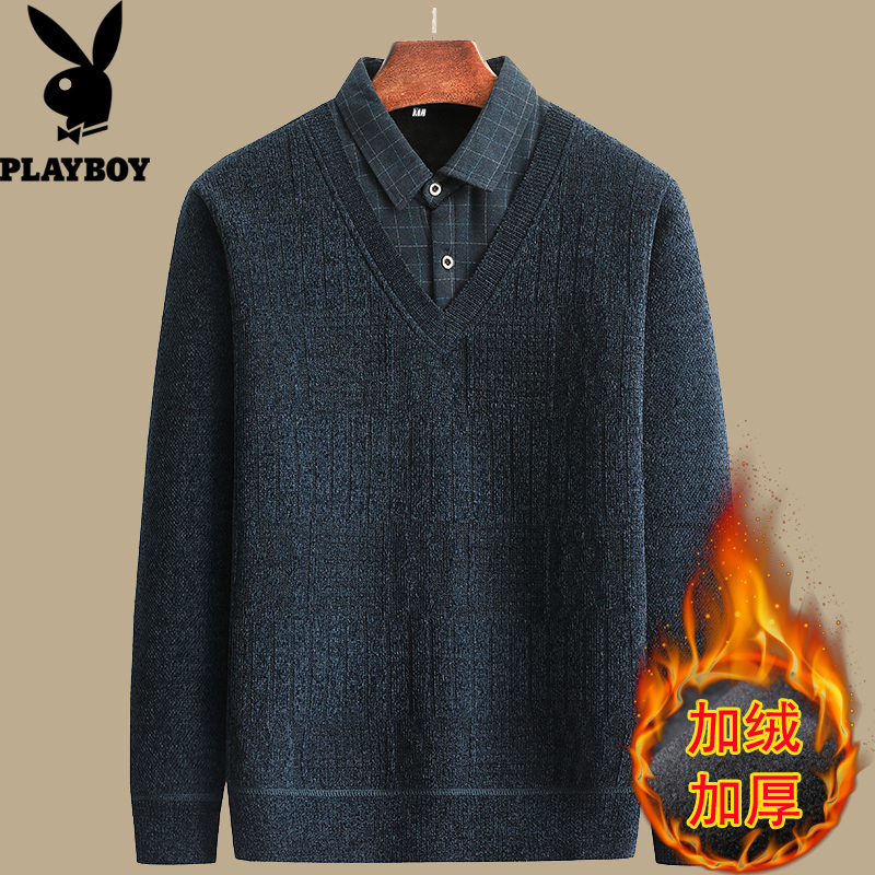 秋冬款加绒加厚中老年针织衫男