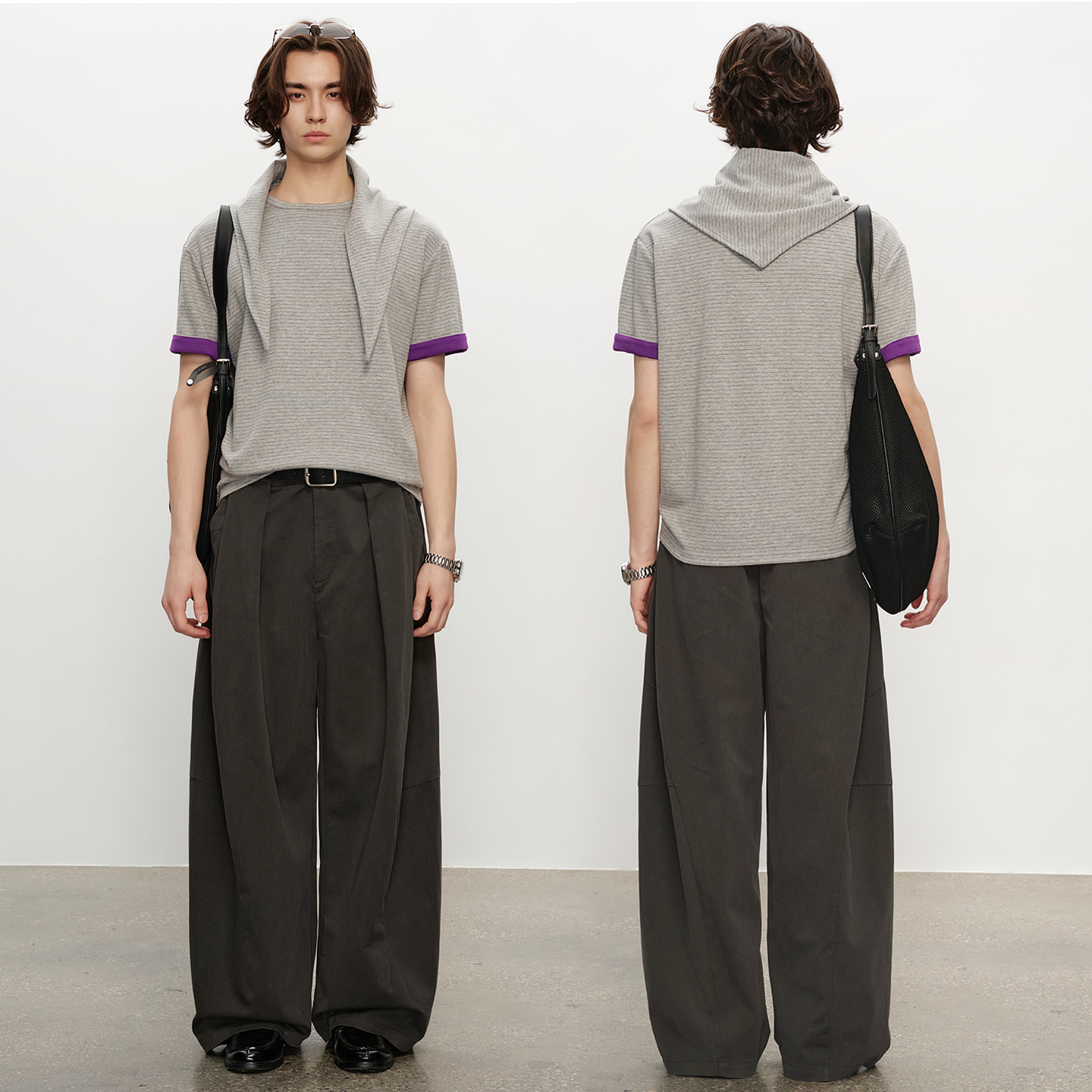 UTiiTUii 领带慵懒复古撞色条纹短袖t恤男休闲宽松半袖翻边夏季