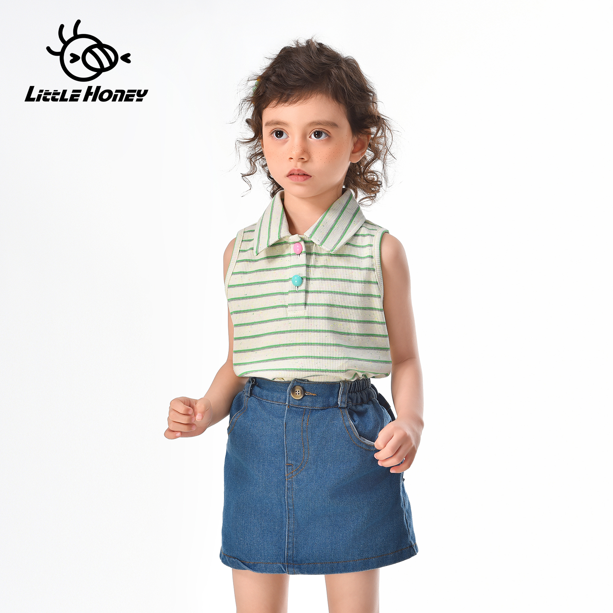 小蜜糖童装女童绿色条纹POLO衫夏季2025新款儿童无袖背心T恤宝宝