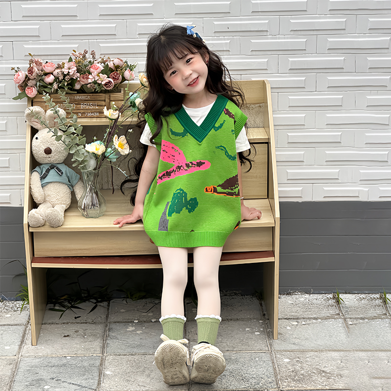 女童马甲2025春秋新款卡通可爱女宝宝无袖针织衫儿童绿色背心春装