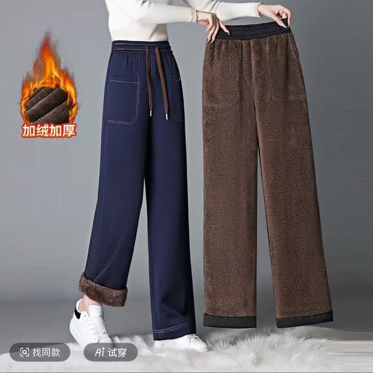 秋冬新款裤子女羊羔绒牛仔裤宽松休闲裤加绒直筒裤女士加厚保暖裤
