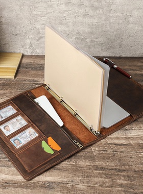 复古疯马皮A4活页笔记本封套可替换内芯商务办公多功能真皮记事本