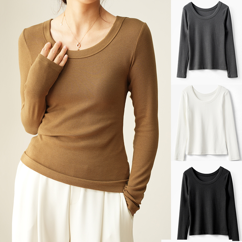 优衣螺纹U领内搭长袖T恤女