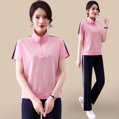 89856运动套装女天夏新款时尚洋休气翻领女士冰丝袖闲短服薄两件
