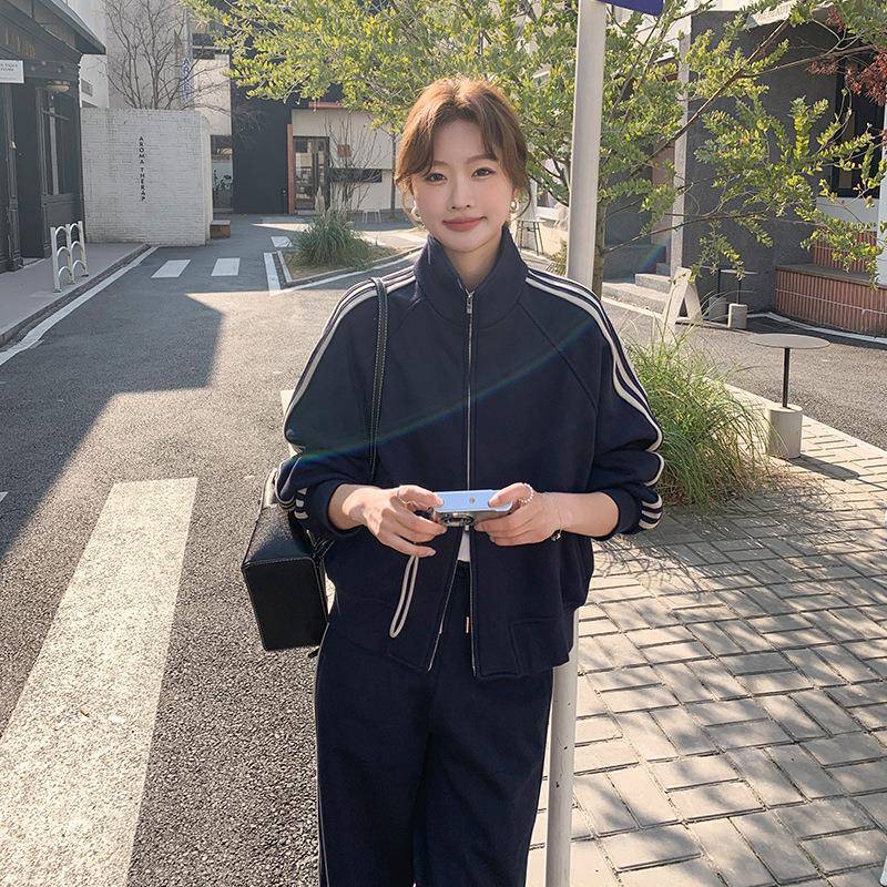 藏青学院风休闲运动衣套装女春新款韩条C21-250拉链卫纹卫裤版两