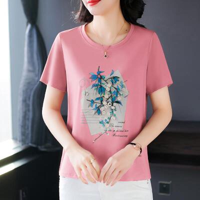 款女士短袖恤女夏时新洋气髦89898920中年妈妈圆领条纹气质搭上百