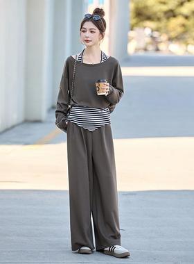 套装025季新款挂脖圆领拼秋接假两件上套衣2阔腿裤两件女 HLNS975