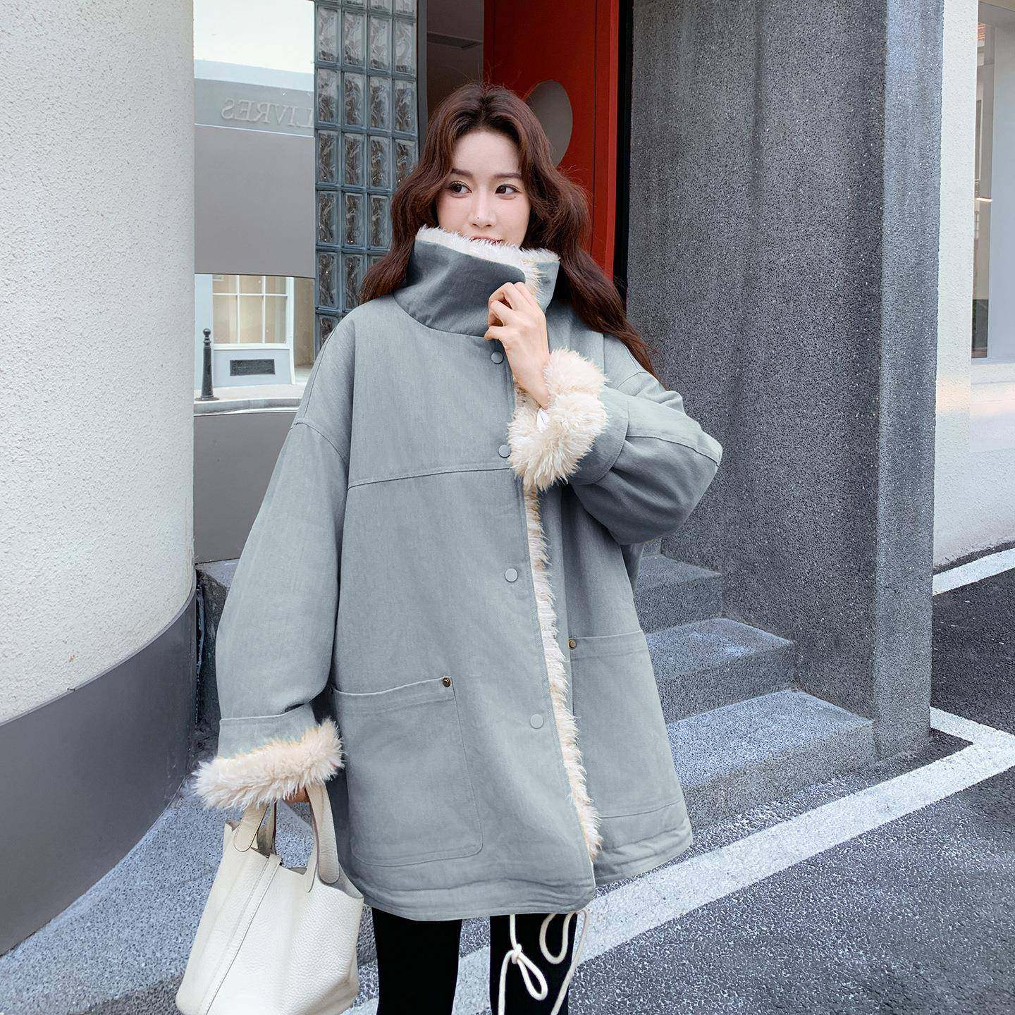 黄c292-259色皮一毛体羊羔棉服外套女新款洋气冬毛中长款加绒加厚