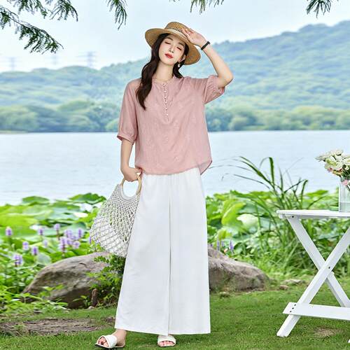 套裤装女夏新款级上休闲女YX86549-感装刺绣衣阔腿裤两件套