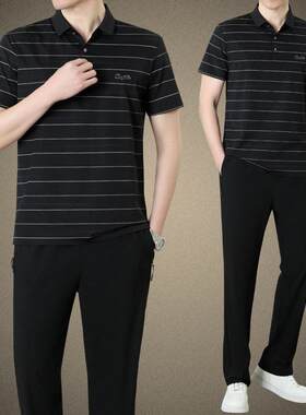 老爸137-3162爸夏装套装士时短尚休闲袖恤两件套中丝年冰运动服套