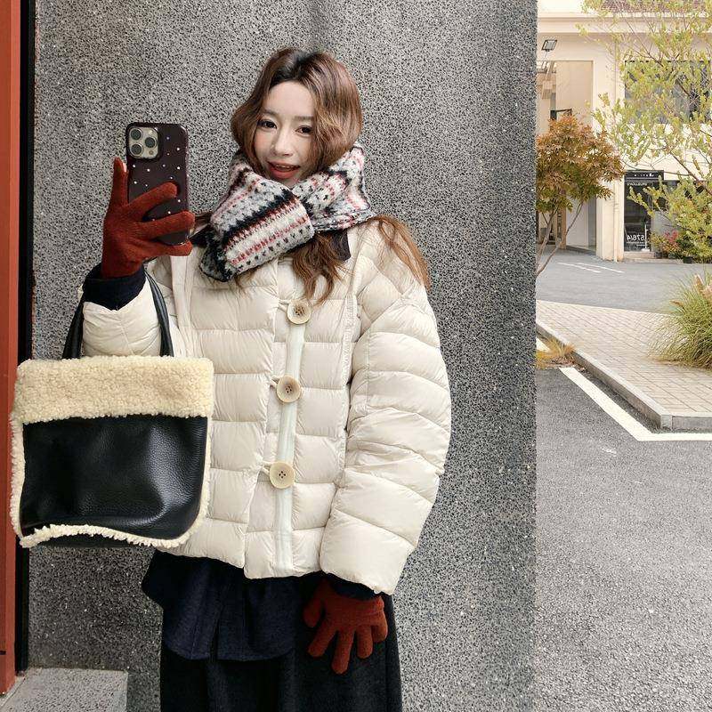 米白撞色2B227-2拼接云款朵羽绒服女冬季新韩版加厚色减龄鸭绒外