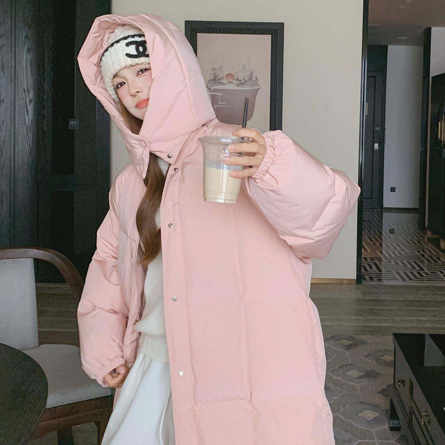 韩C079-455粉羽色甜美绒系服女冬季新款好看长款过膝白鸭绒羽绒巨