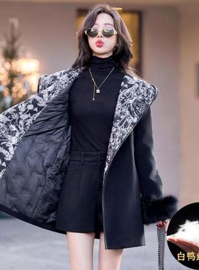 黑色毛呢羽绒服质大衣女款冬中长款ZYA8501J赫本气风高级感加厚新