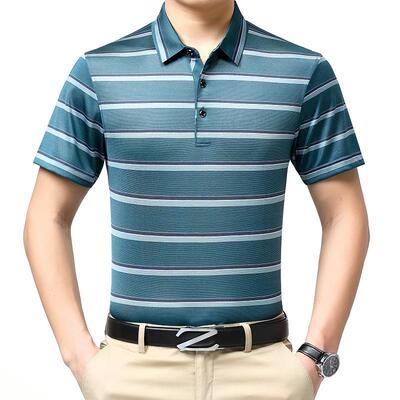 桑蚕9099-B+丝重磅季男短袖条纹薄体恤中年夏爸爸男士翻恤领衫