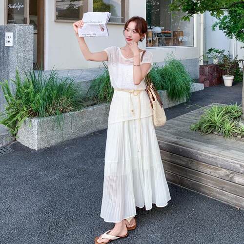 高级感度搭假穿装套女C135-992半夏季新款镂空针织上衣拼接身裙两