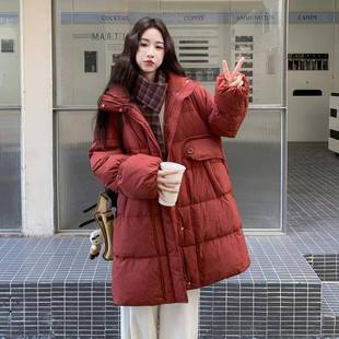 红色羽绒服新女冬季年暖韩系宽松小个子C27-100大款口袋保白鸭绒
