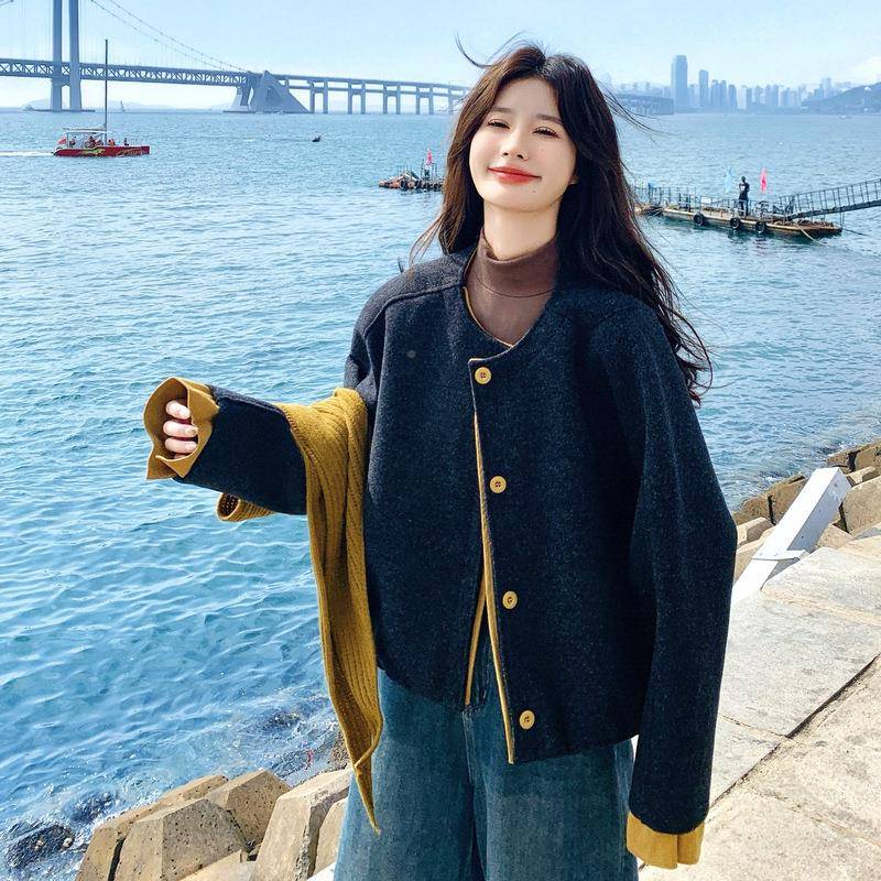 闲针织披肩宽撞色毛呢短外套女秋新款百C198-660搭松休呢子冬上衣