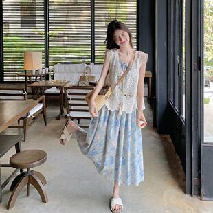 蓝色D073-666装小碎清新件减龄花连衣裙套女夏度假风镂空马甲长裙