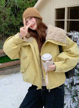 黄色领羔毛大翻短款派克绒羽绒服女冬小C075-911个子保暖白鸭外羊