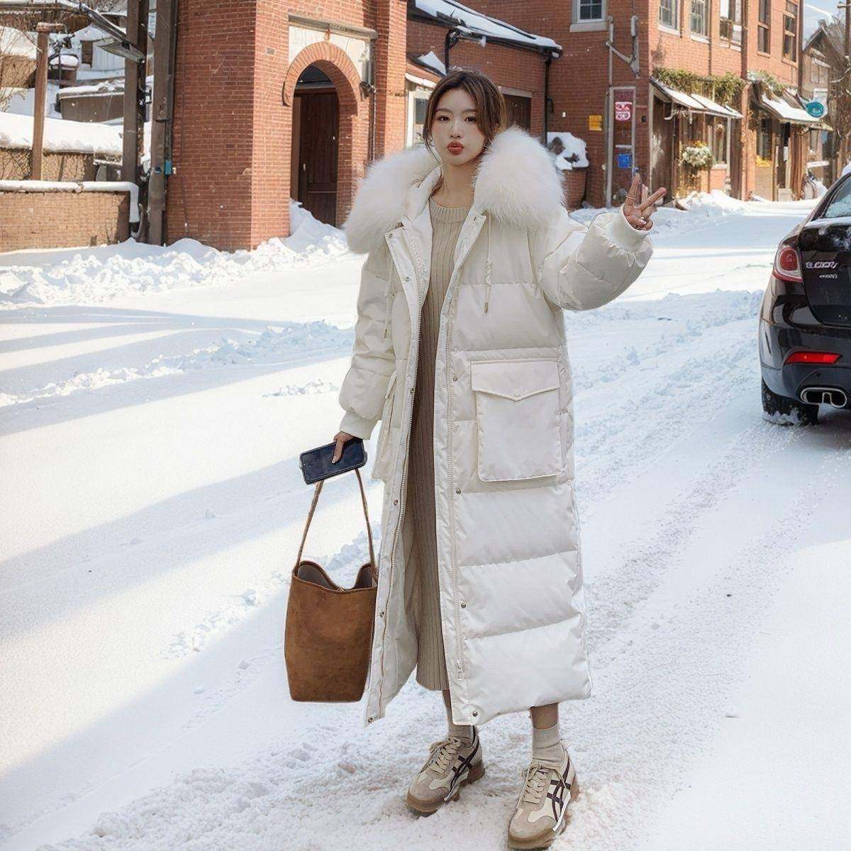 鸭米白羽色白绒绒服女冬新款超长款到脚踝大厚毛领D084-182保暖外