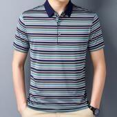 年男冰丝衫 夏季 恤商休闲条纹撞色青装 9105蚕中丝短袖 男务士桑H24