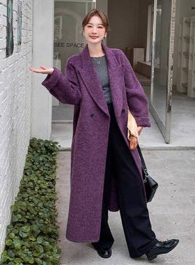 紫色韩系级双面呢毛大衣女羊冬气质时B089-672尚长款过感高膝毛呢