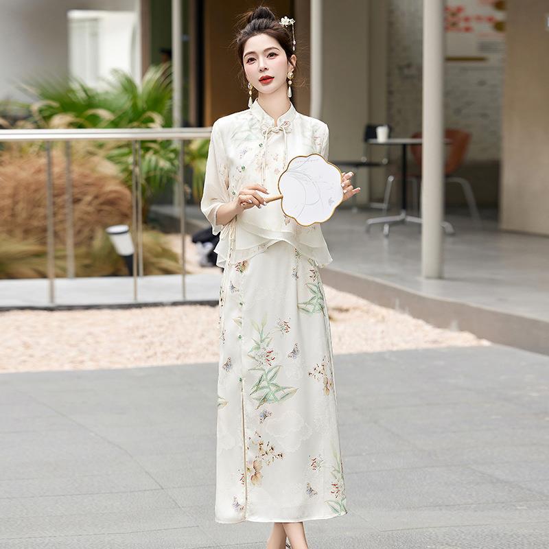 众8802新中女式连国风雪纺衣裙春夏新款时尚质显瘦盘扣气两件套装