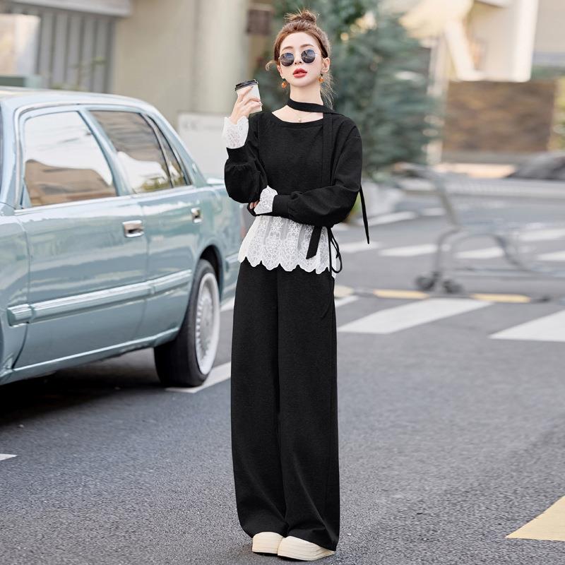 灰色修套身拼接蕾丝浅卫衣裤装休闲春秋季ZYI258F新款女装韩版两