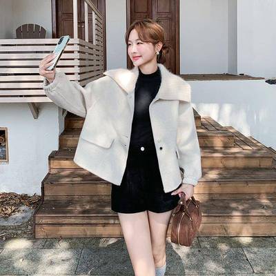 米毛白色针织翻领双羊C015-281大衣系女秋冬新款韩时尚短款毛呢面