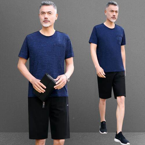 爸爸装套夏装冰丝短袖恤男79451485夏季中老年动人运休衣闲父亲服