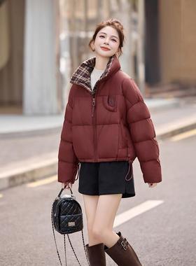 格子接学风立领羽绒拼服女冬季20院25年新款小个子面包 HE9服98HE