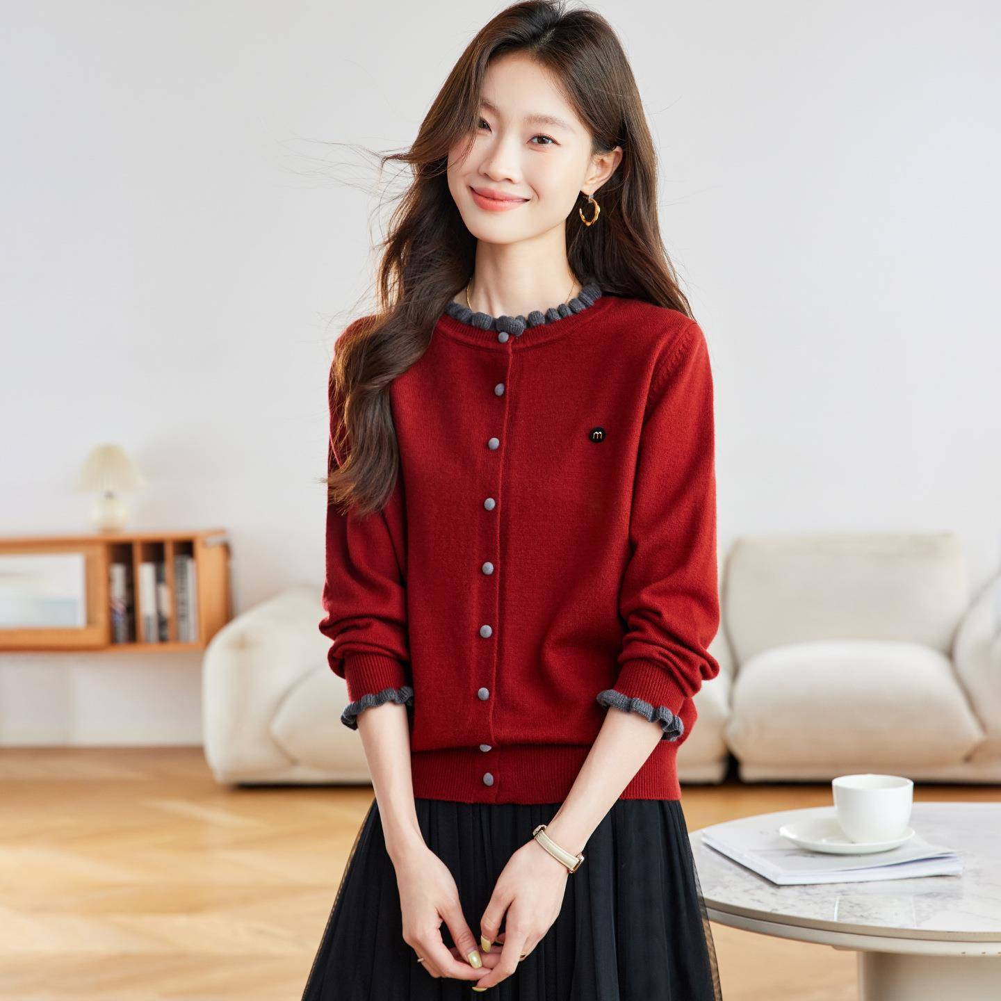 针织开衫外搭上衣女202外5秋季H新款时薄尚圆领初SH093-08秋款毛