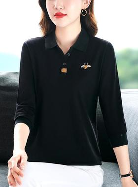 中年妈妈恤长袖女52-68608秋季新女款棉士刺绣翻领春秋洋纯气衫上