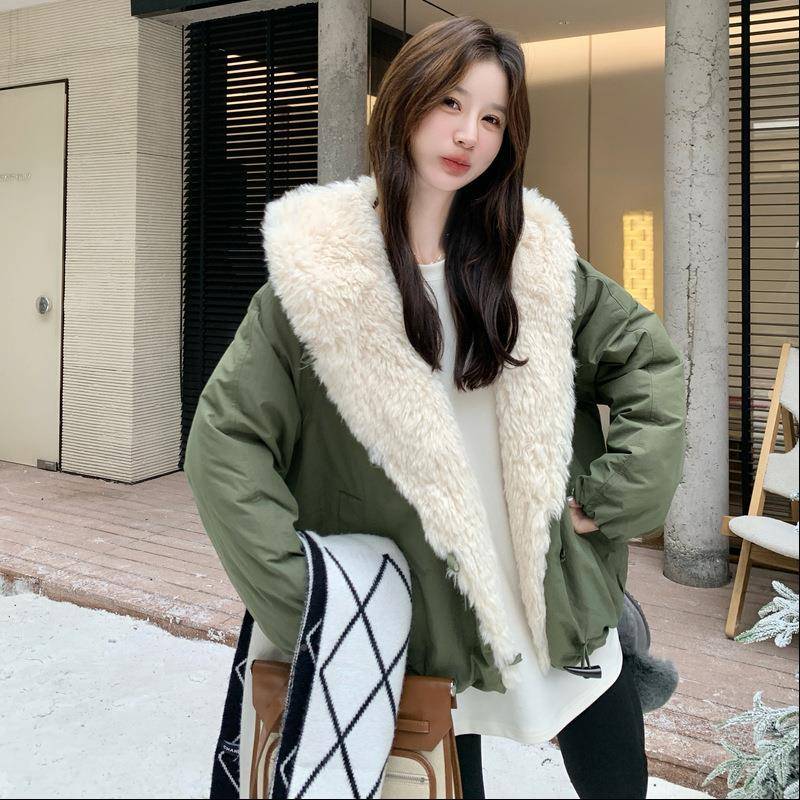 军绿色羊毛C15-89连帽羽羔绒服女小个子款冬新韩加厚白鸭绒版外套