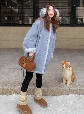 蓝色中长宽款松复古羊羔毛外一套女冬季新c7-262款加仿厚保暖皮毛