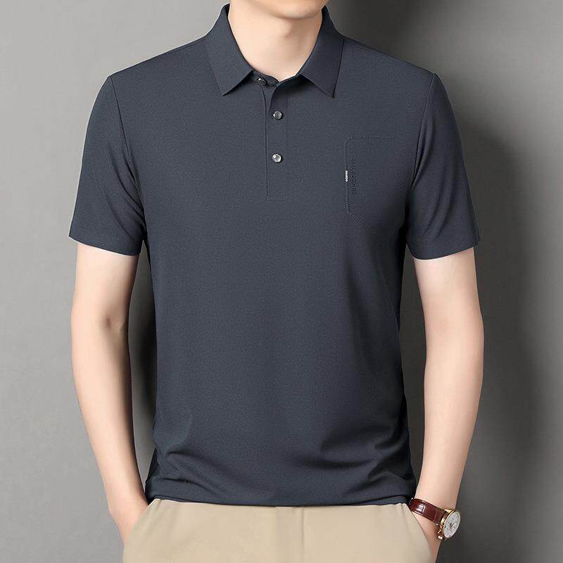 新潮款夏蚕季桑丝恤青衫高档男士短袖翻25011-KK领流衫中年男装