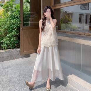 法式雅气质蕾丝背c267-122优套心装裙夏温柔风网纱半身裙女飘带两