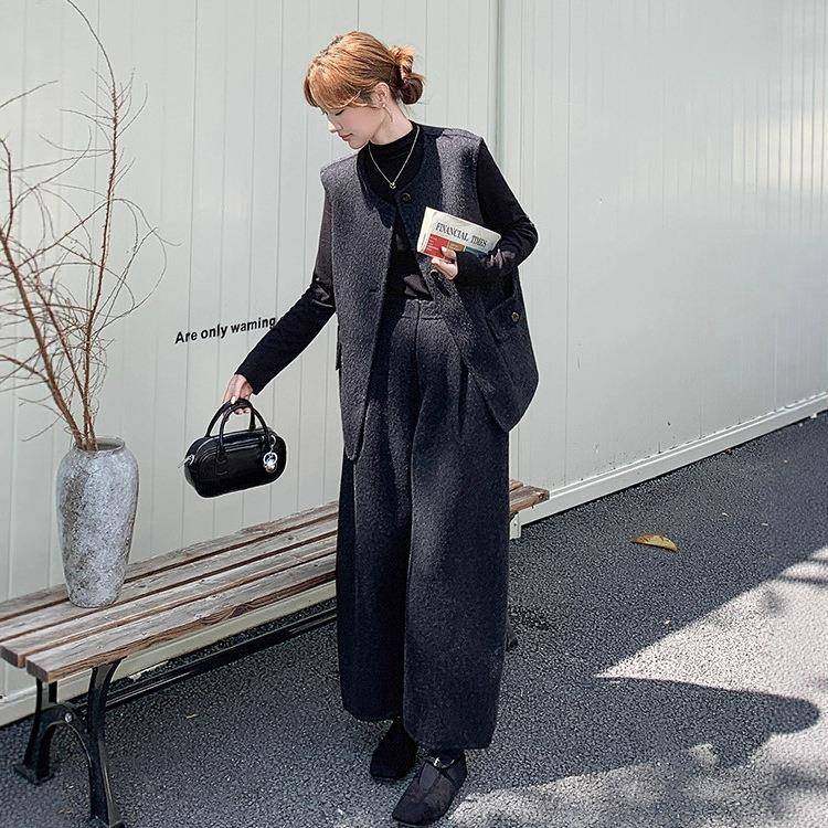 马藏青色女系韩双面呢羊毛甲套装冬季打c262-890底衫高腰阔腿裤三